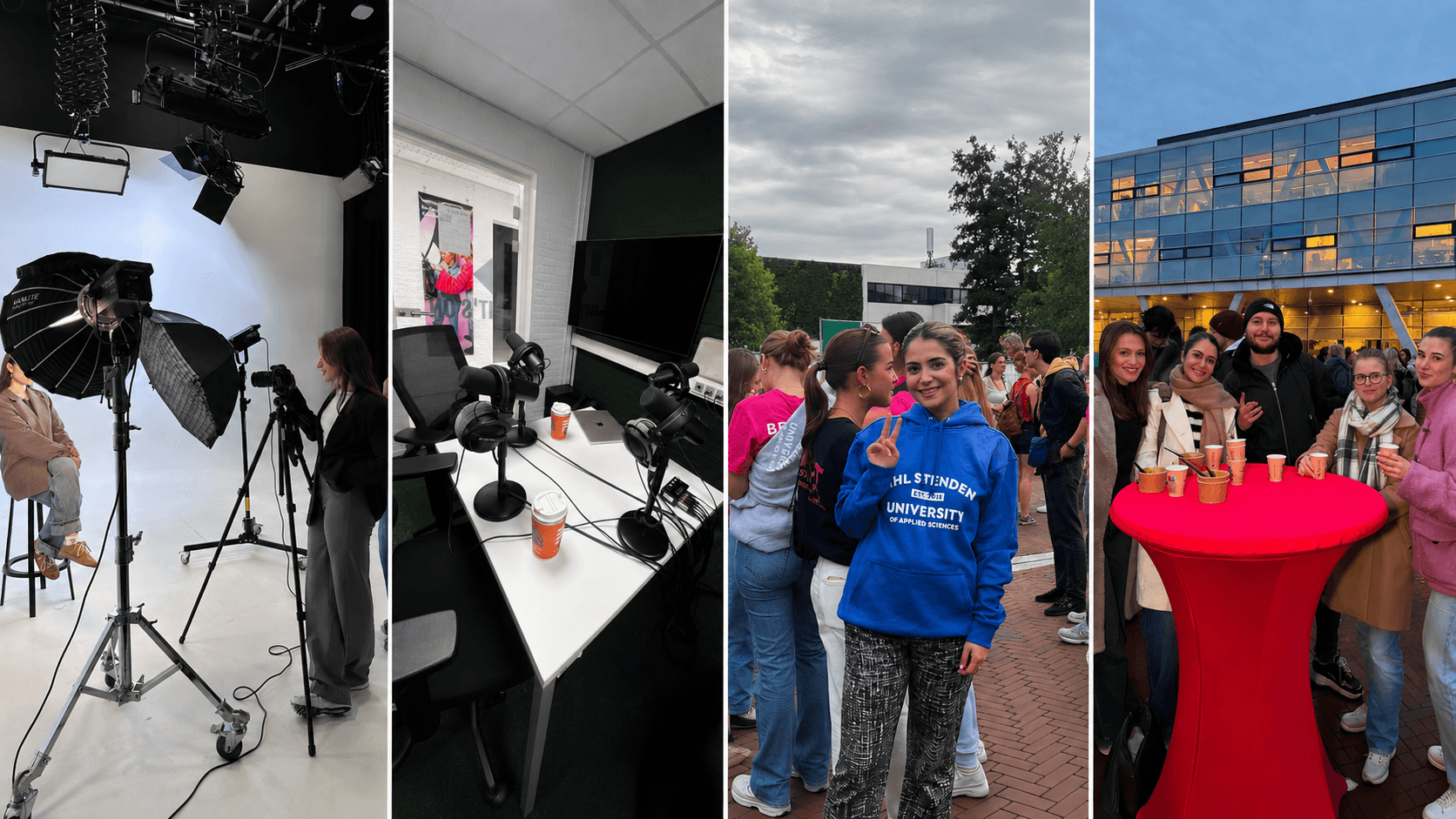 NHL Stenden student team collage: studio shoot, workspace, and team gatherings